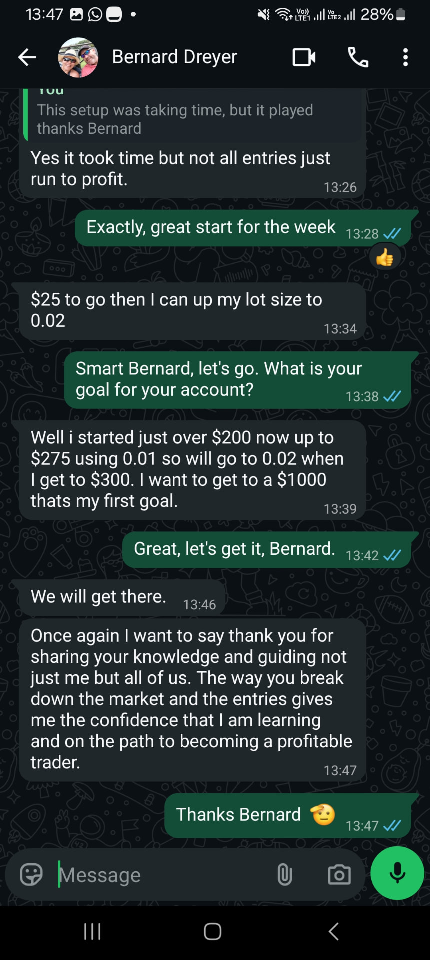 Member thanking the mentor for guidance towards profitable trading